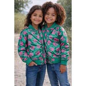 H&M Bomber Jacket Kids 6X/7 Green Pink Tropical Leaf Streetwear
